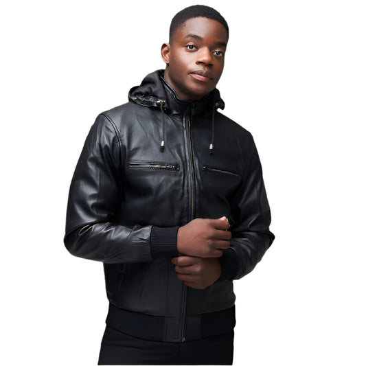 Men's Black Hooded Bomber Jacket With Removable Hoody