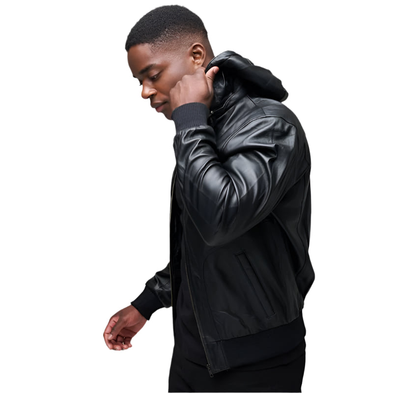 Men's Black Hooded Bomber Jacket With Removable Hoody