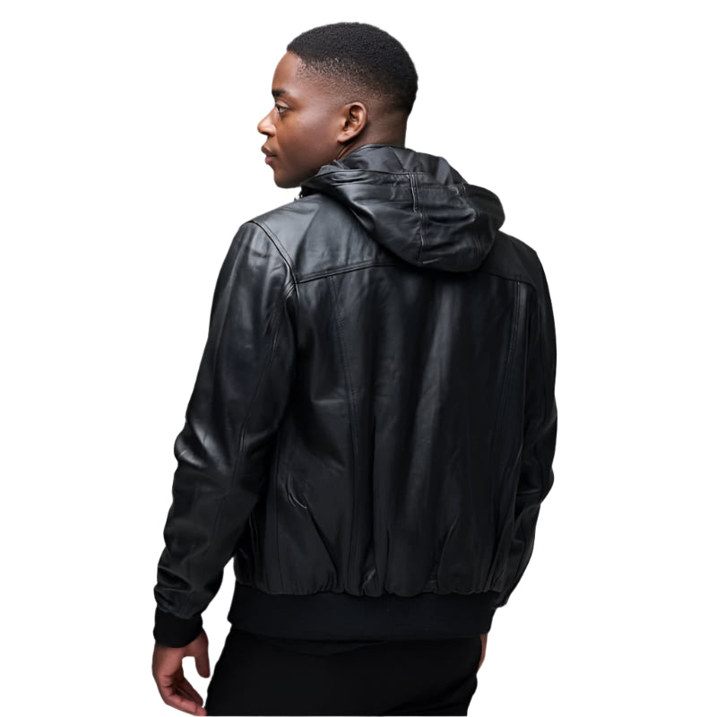 Men's Black Hooded Bomber Jacket With Removable Hoody