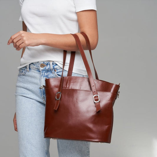Women's Kelly Genuine Leather Classic Tote Hand bag - Waxed-Brown
