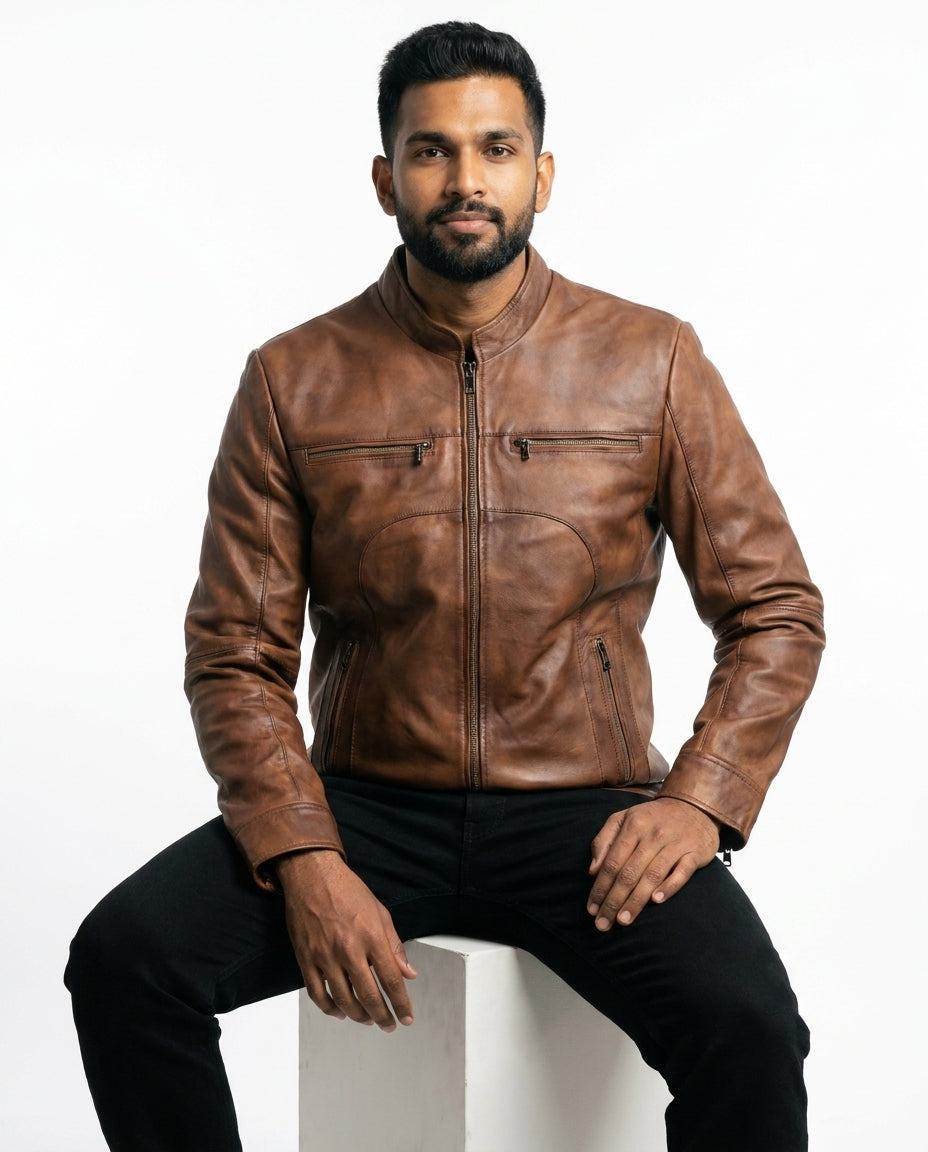 Men's Classic Slim-Fit Waxed-Brown Leather Jacket
