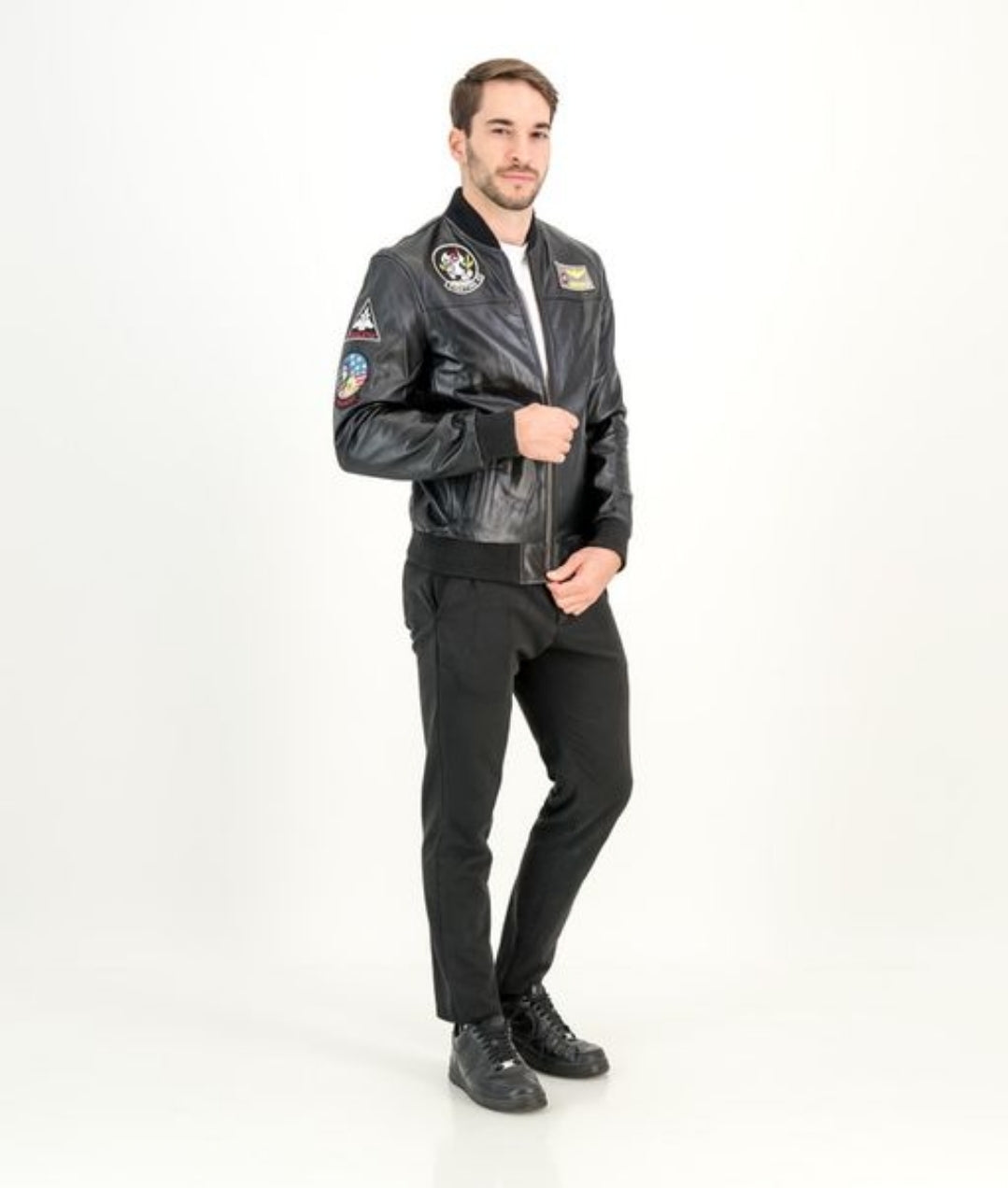 Pilot Bomber Patchwork Leather Jacket (Black)