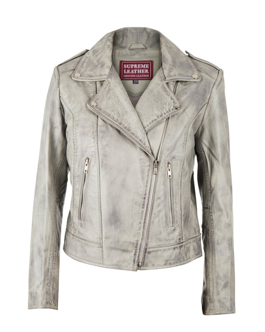 Women's Siciliana Biker Grey-Waxed Leather Jacket