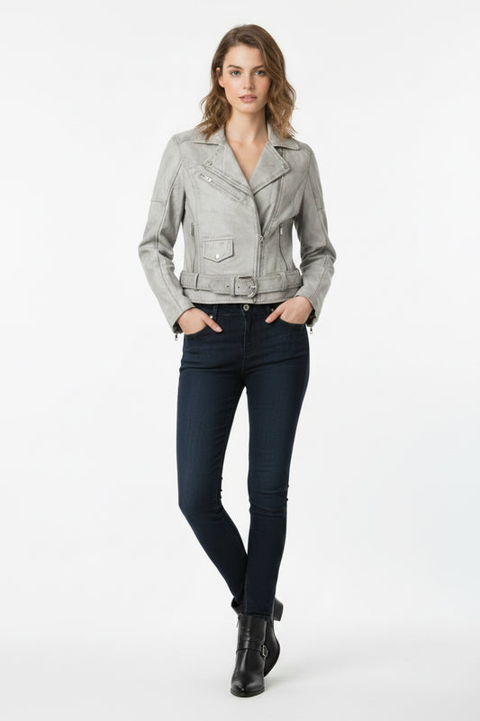 Women's Donna Grey - Wax Leather Biker Jacket