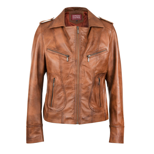 Supreme Leather Lady-Jane Slim Fit 100% Nappa Waxed-Brown Leather Jacket