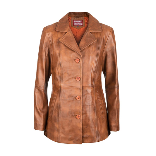 Women's Selena Long Coat  Waxed-Brown Leather Jacket
