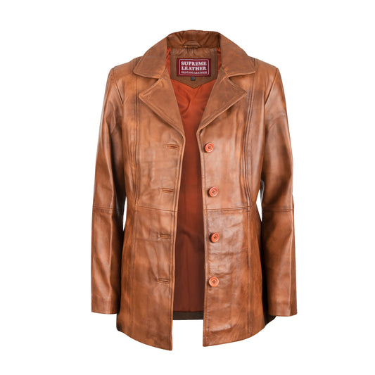 Women's Selena Long Coat Waxed-Brown Leather Jacket