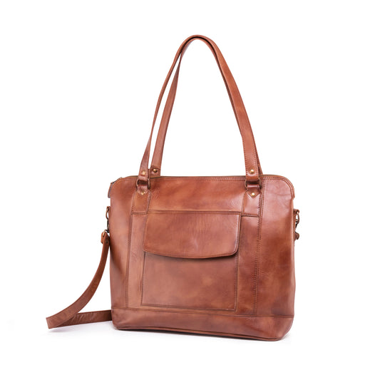 Genuine Leather Selena Flap Laptop Handbag-Waxed-Brown