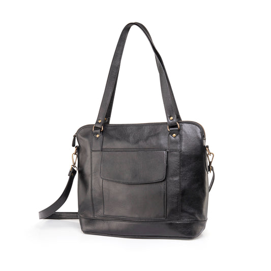 Genuine Leather Selena Flap Laptop Handbag-Black