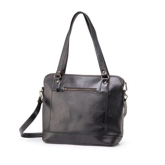 Genuine Leather Selena Flap Laptop Handbag-Black