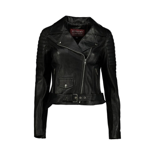 Women Sporty Biker Black Leather Jacket
