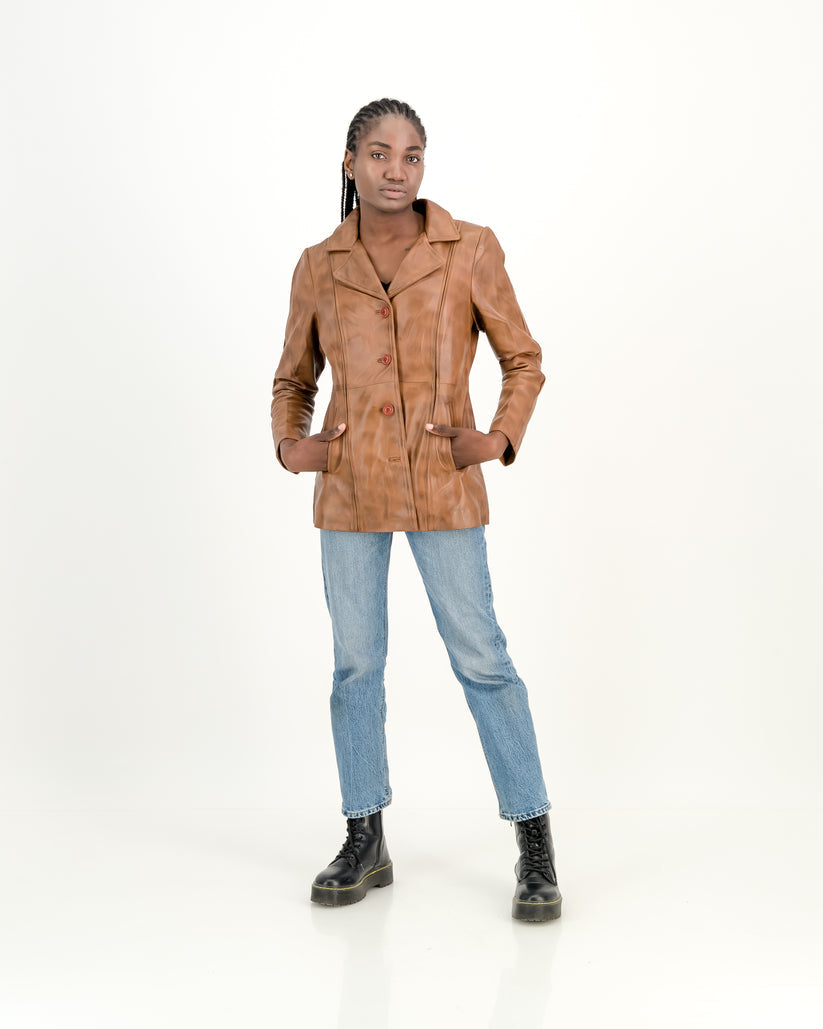 Women's Selena Long Coat Waxed-Brown Leather Jacket