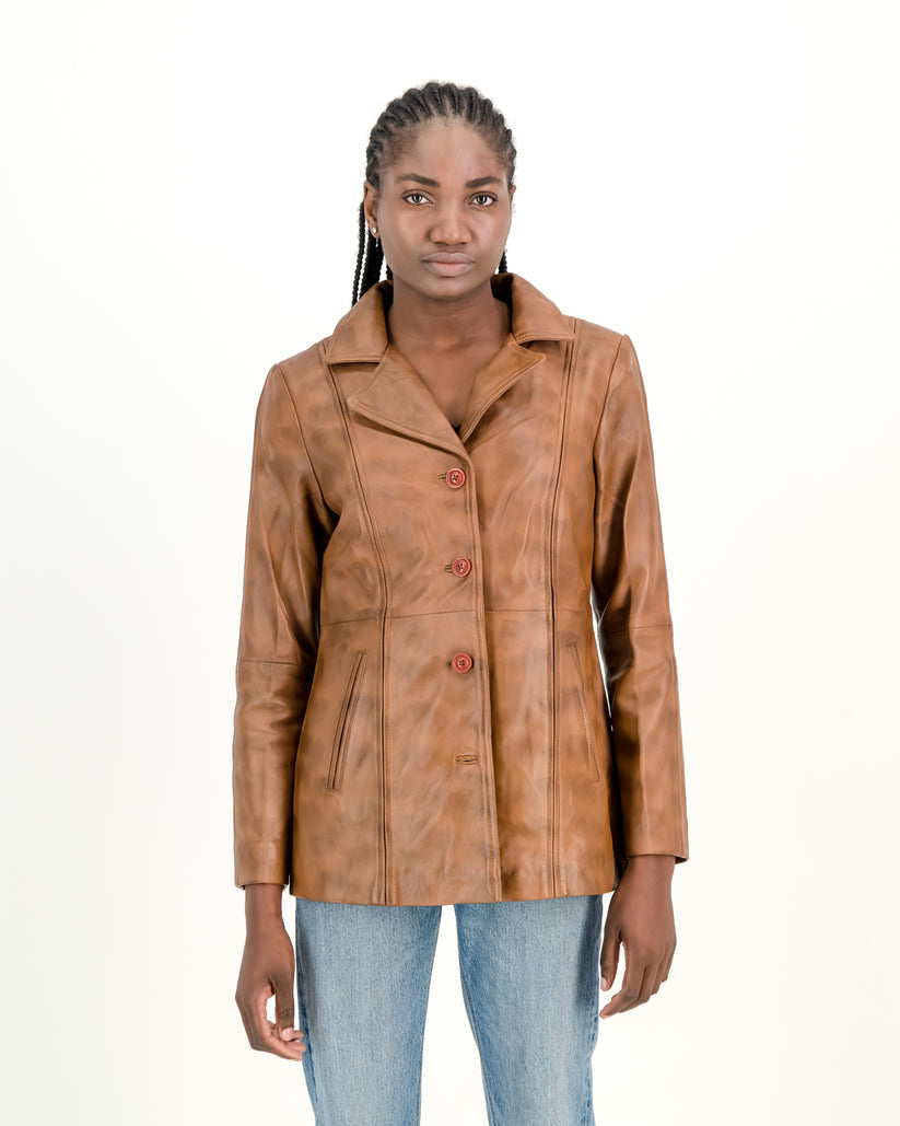 Women's Selena Long Coat Waxed-Brown Leather Jacket