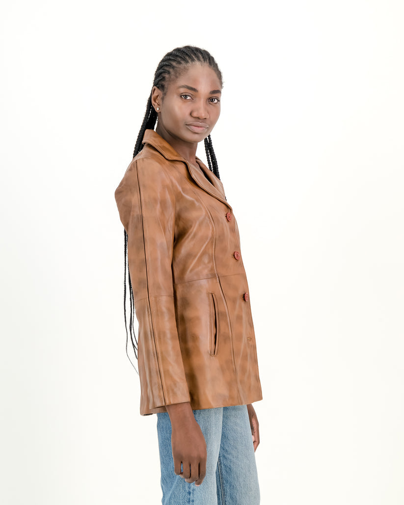Women's Selena Long Coat Waxed-Brown Leather Jacket