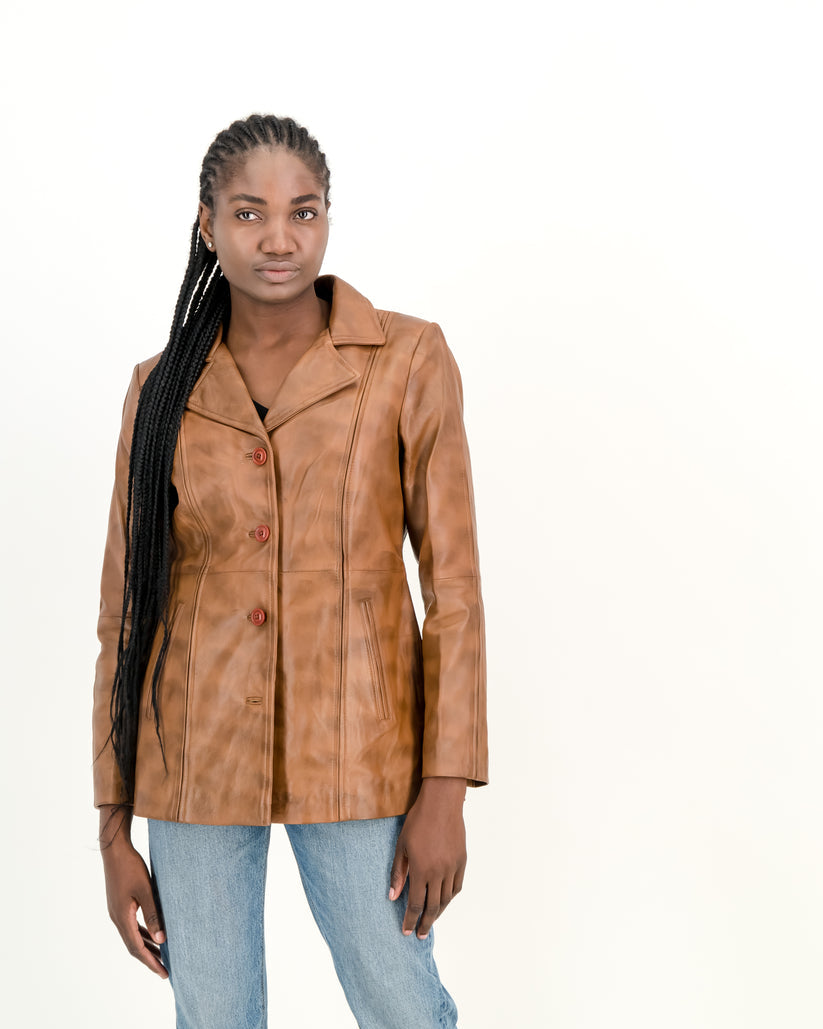 Women's Selena Long Coat Waxed-Brown Leather Jacket