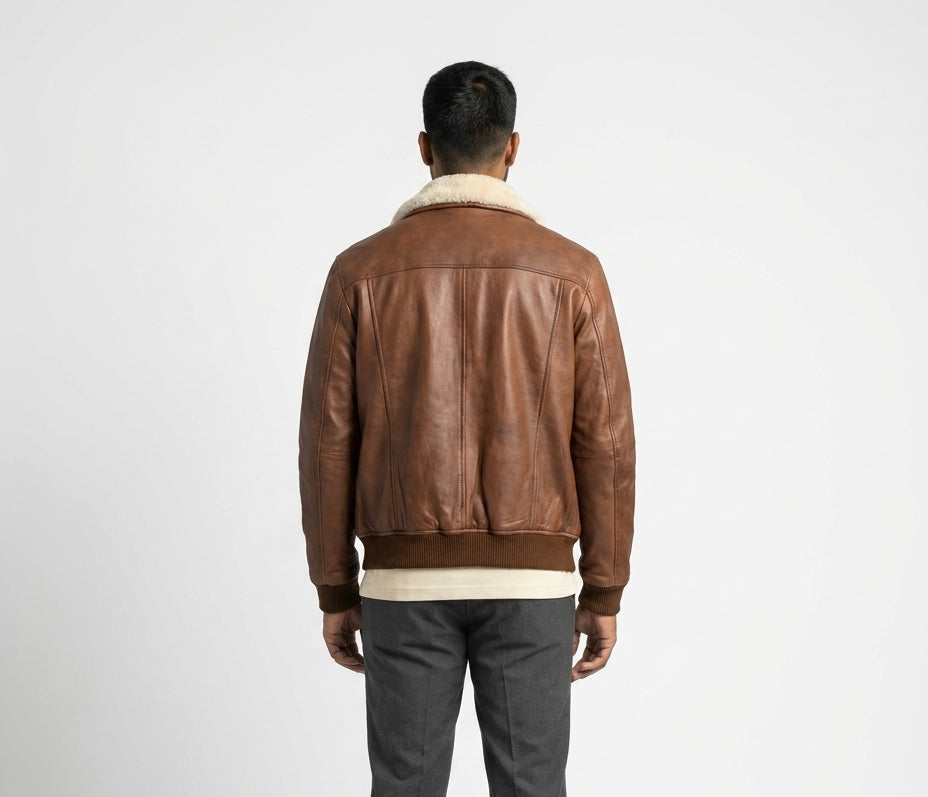 Men's Leather Aviator Bomber Jacket with Removable Fur Collar
