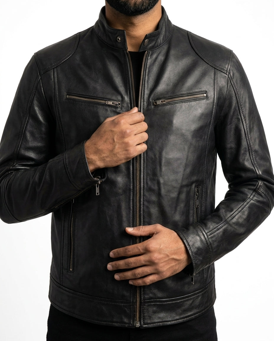 The Racer — Black Washed Leather Jacket