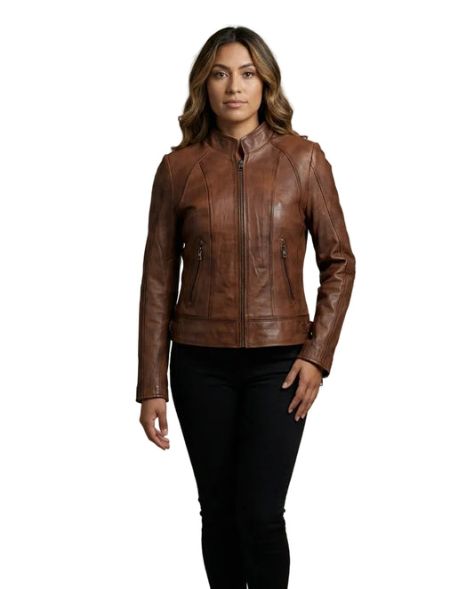 Women's Elba Waxed-Brown 100% Nappa Leather Jacket