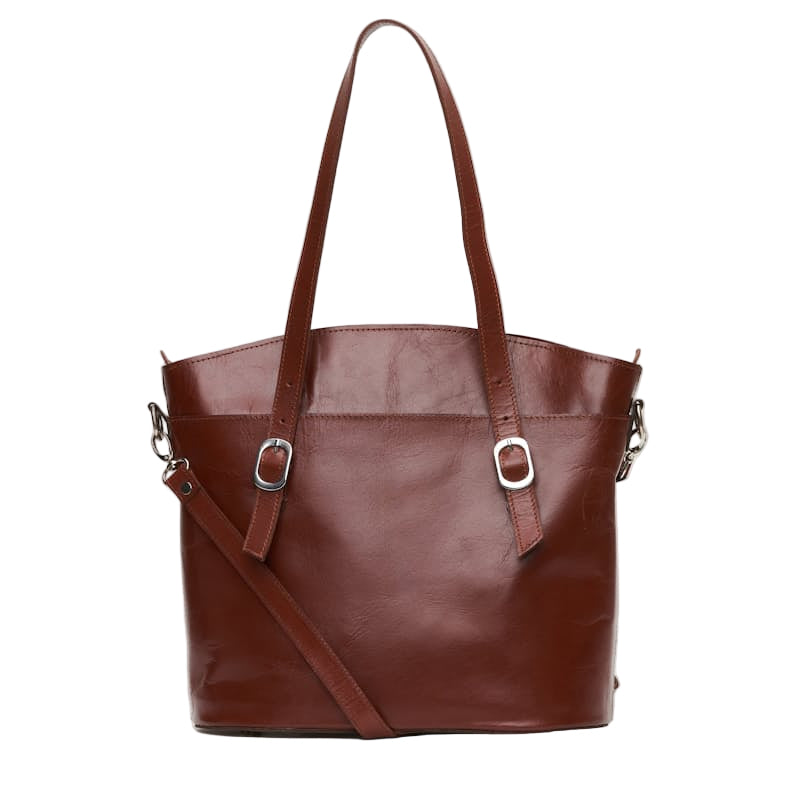 Brown leather tote bag with a shoulder strap on a white background