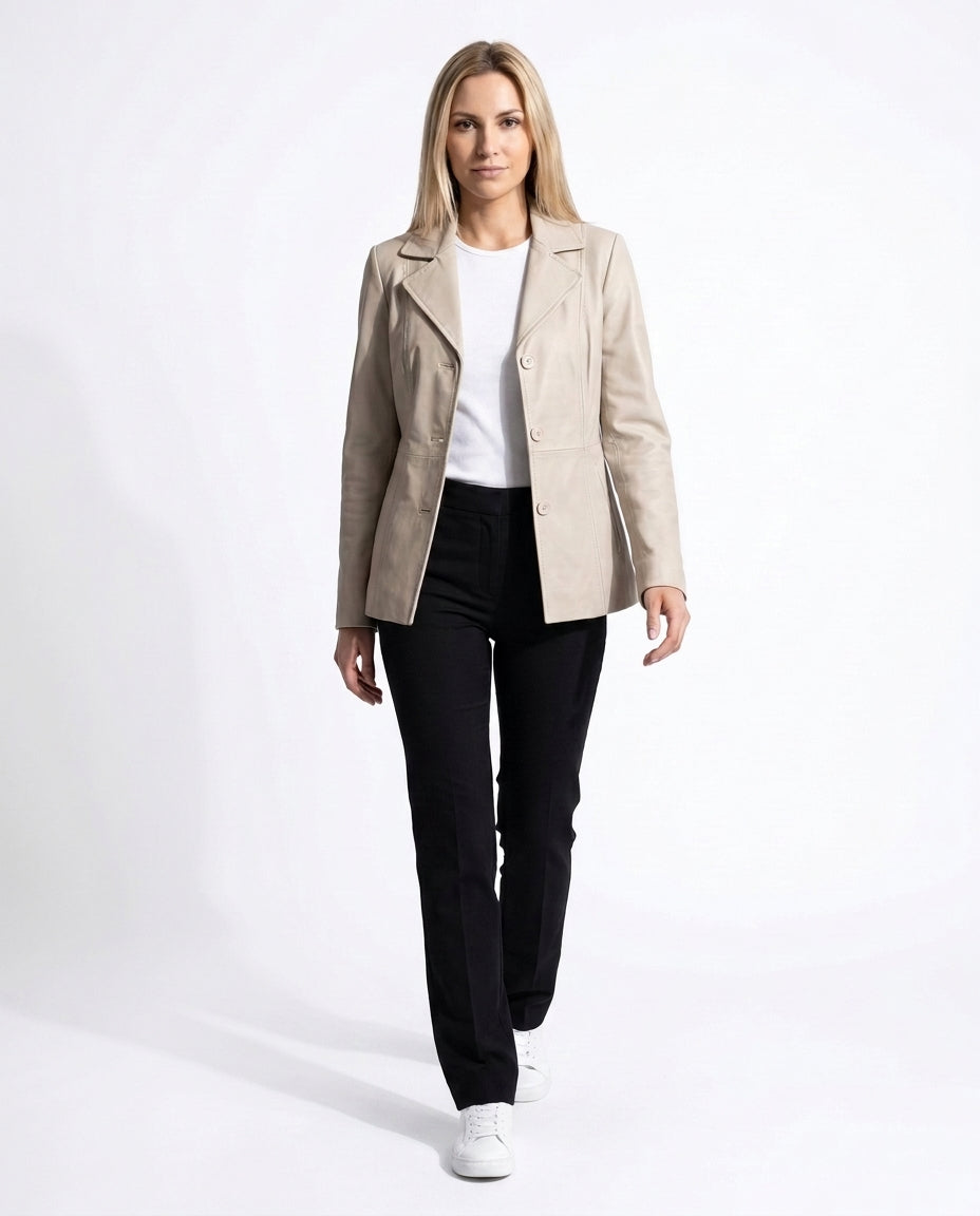 Women's Selena Long Coat Beige  Leather Jacket
