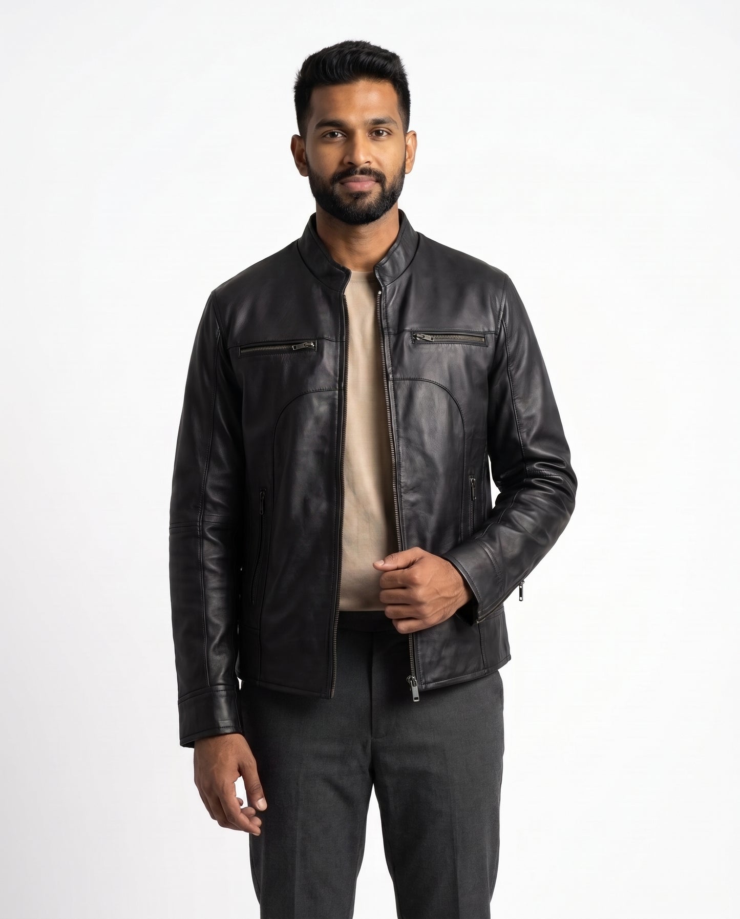 Men's Classic Slim-Fit Black Leather Jacket