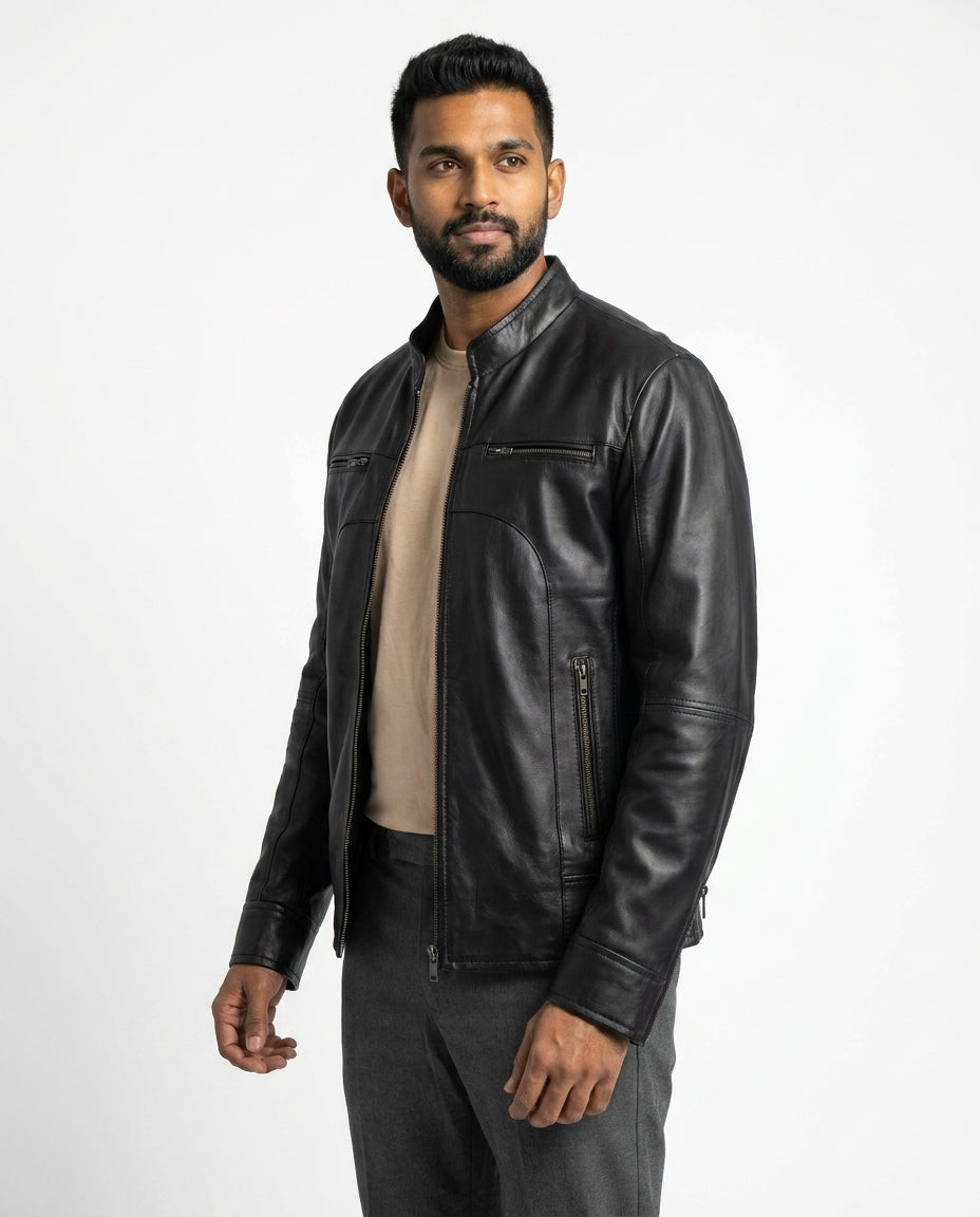 Men's Classic Slim-Fit Black Leather Jacket