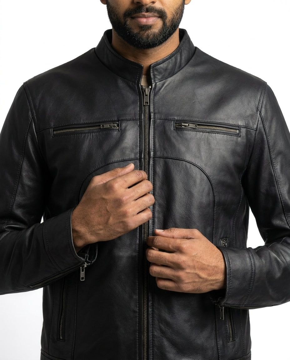 Men's Classic Slim-Fit Black Leather Jacket