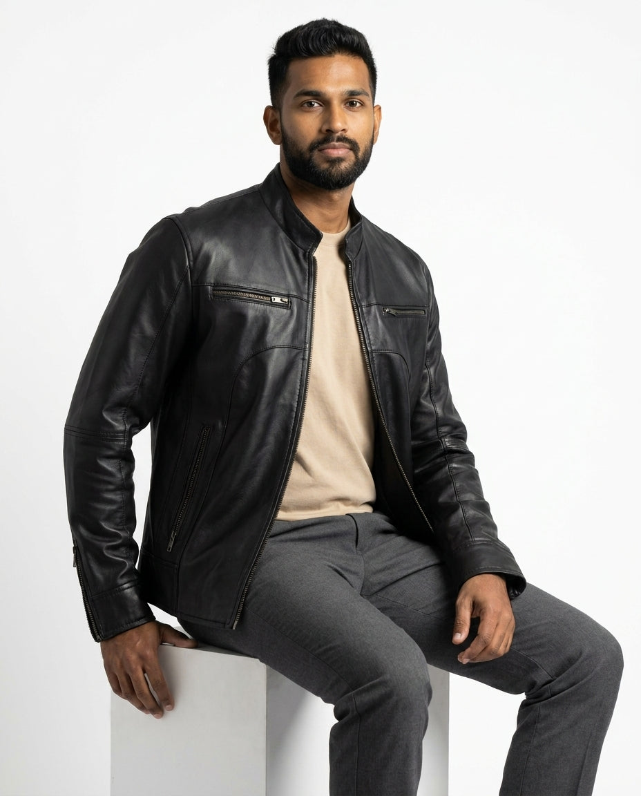 Men's Classic Slim-Fit Black Leather Jacket
