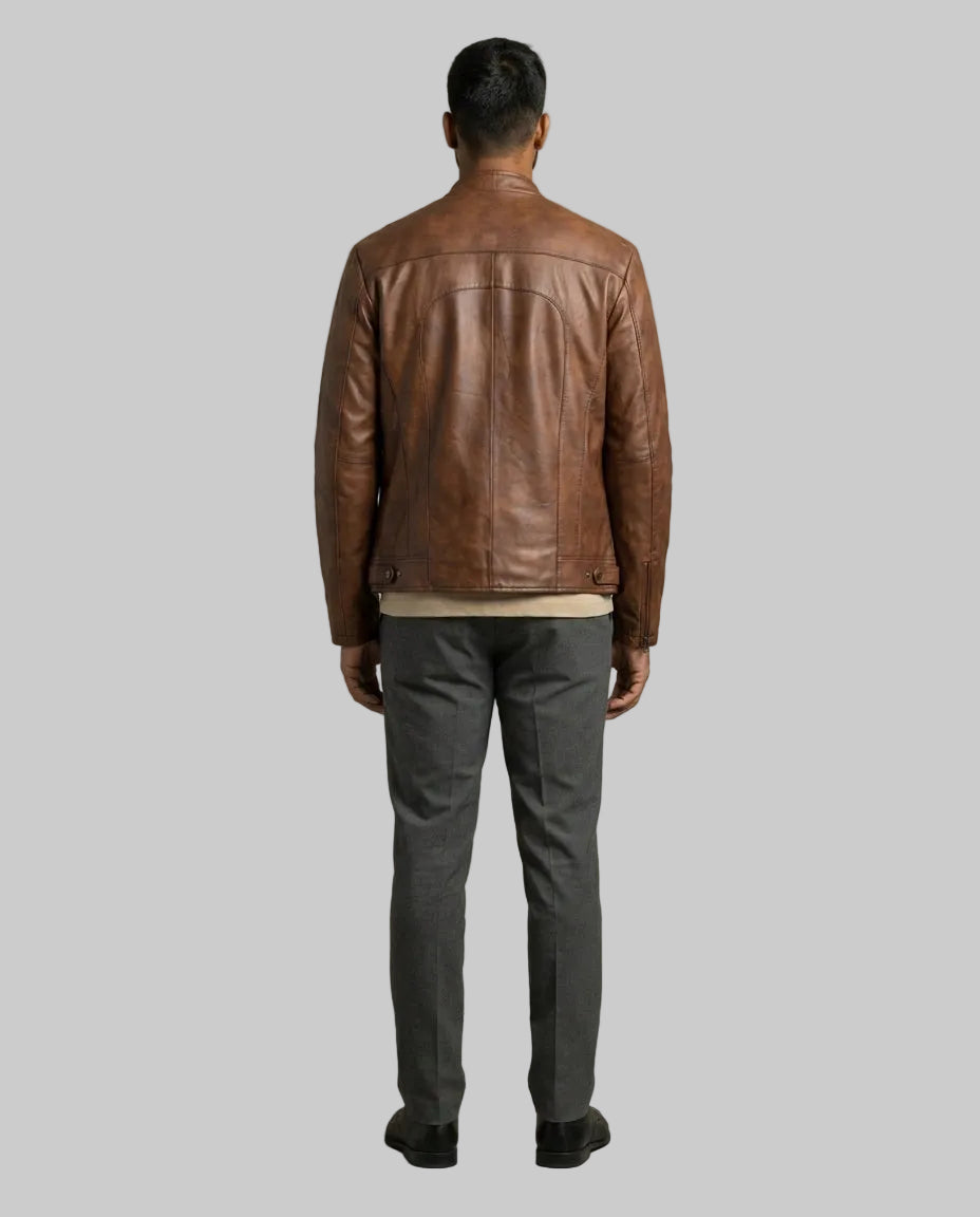 Men's Classic Slim-Fit Waxed-Brown Leather Jacket