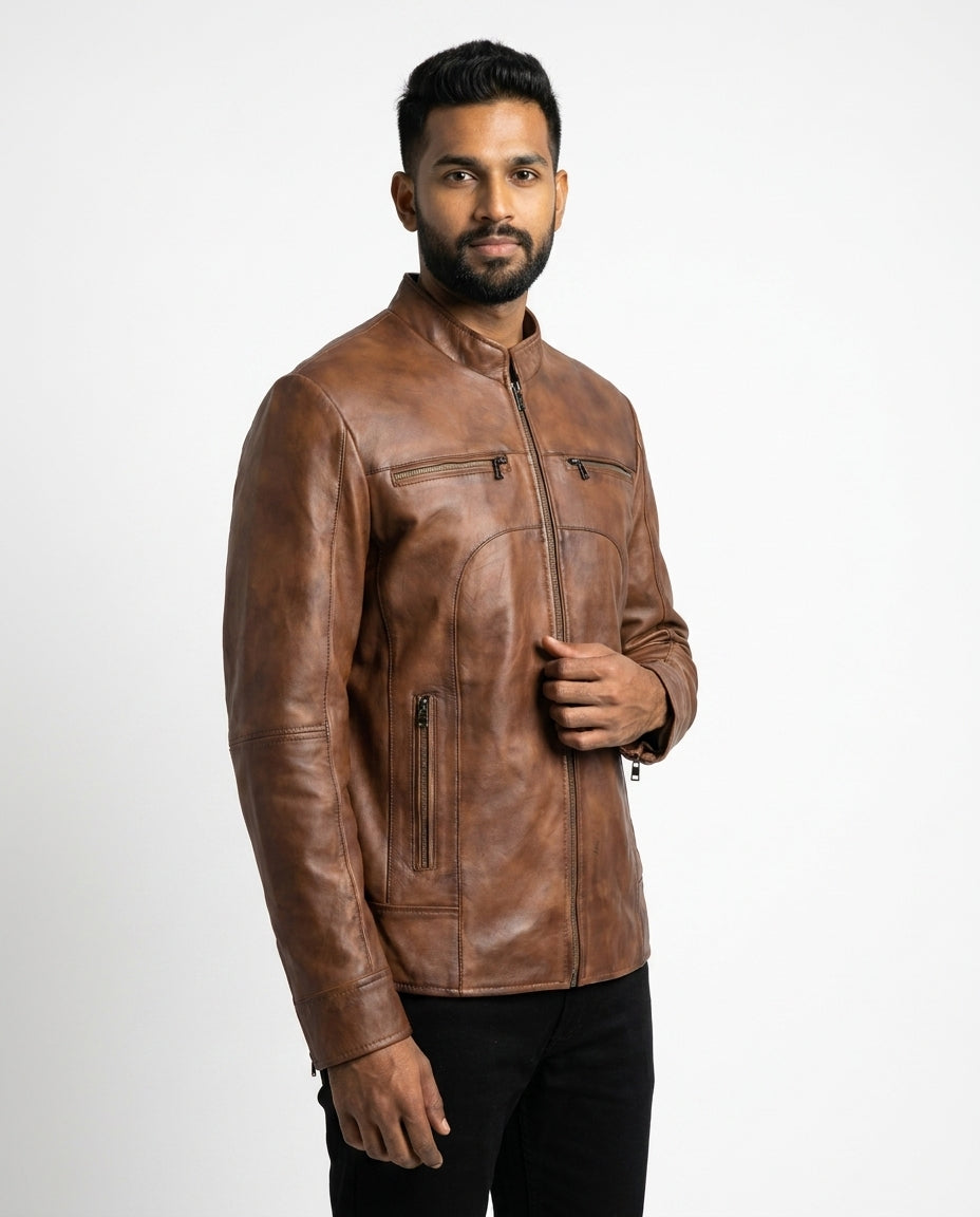 Men's Classic Slim-Fit Waxed-Brown Leather Jacket