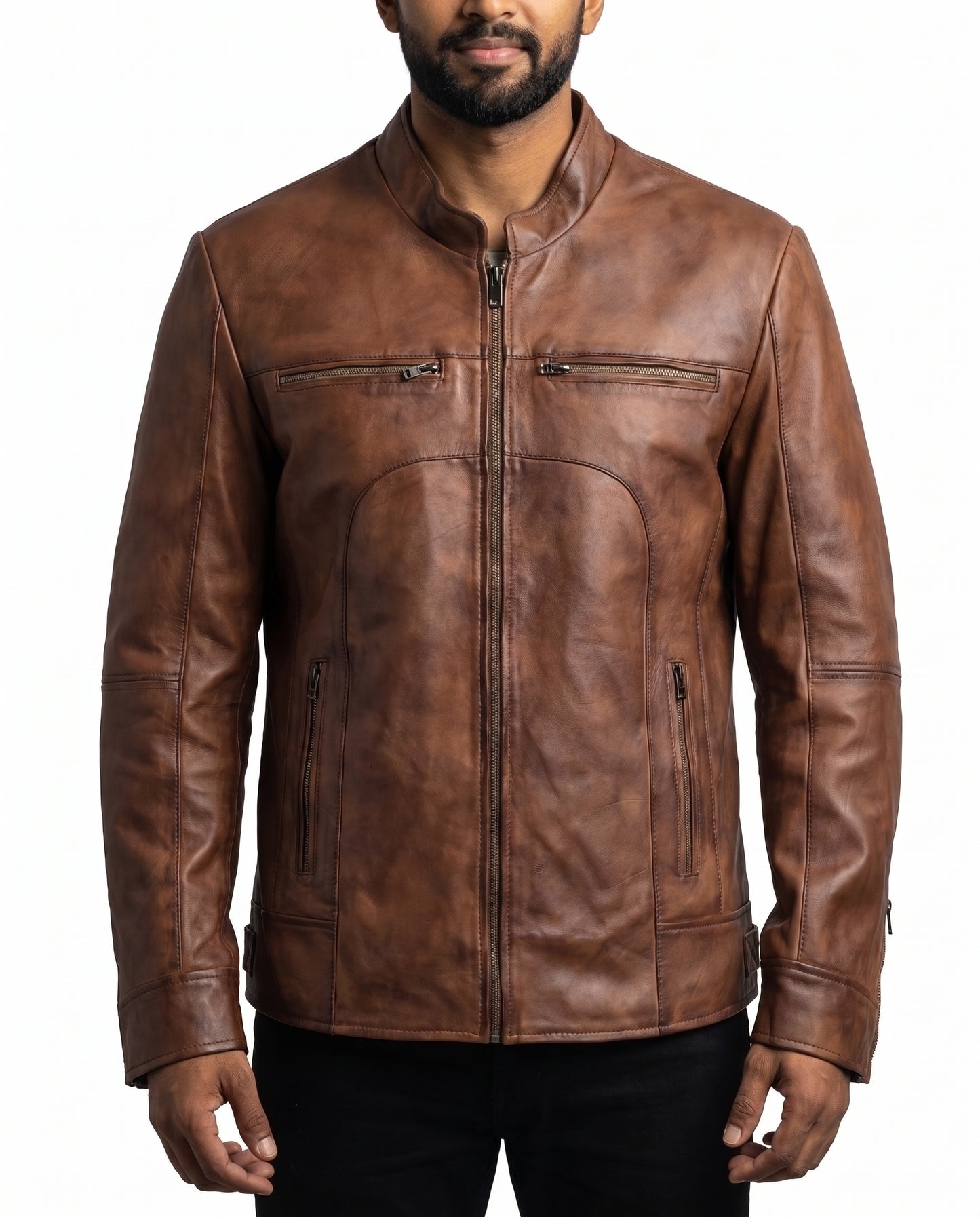 Men's Classic Slim-Fit Waxed-Brown Leather Jacket
