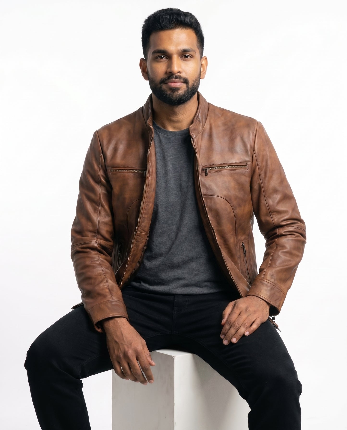 Men's Classic Slim-Fit Waxed-Brown Leather Jacket