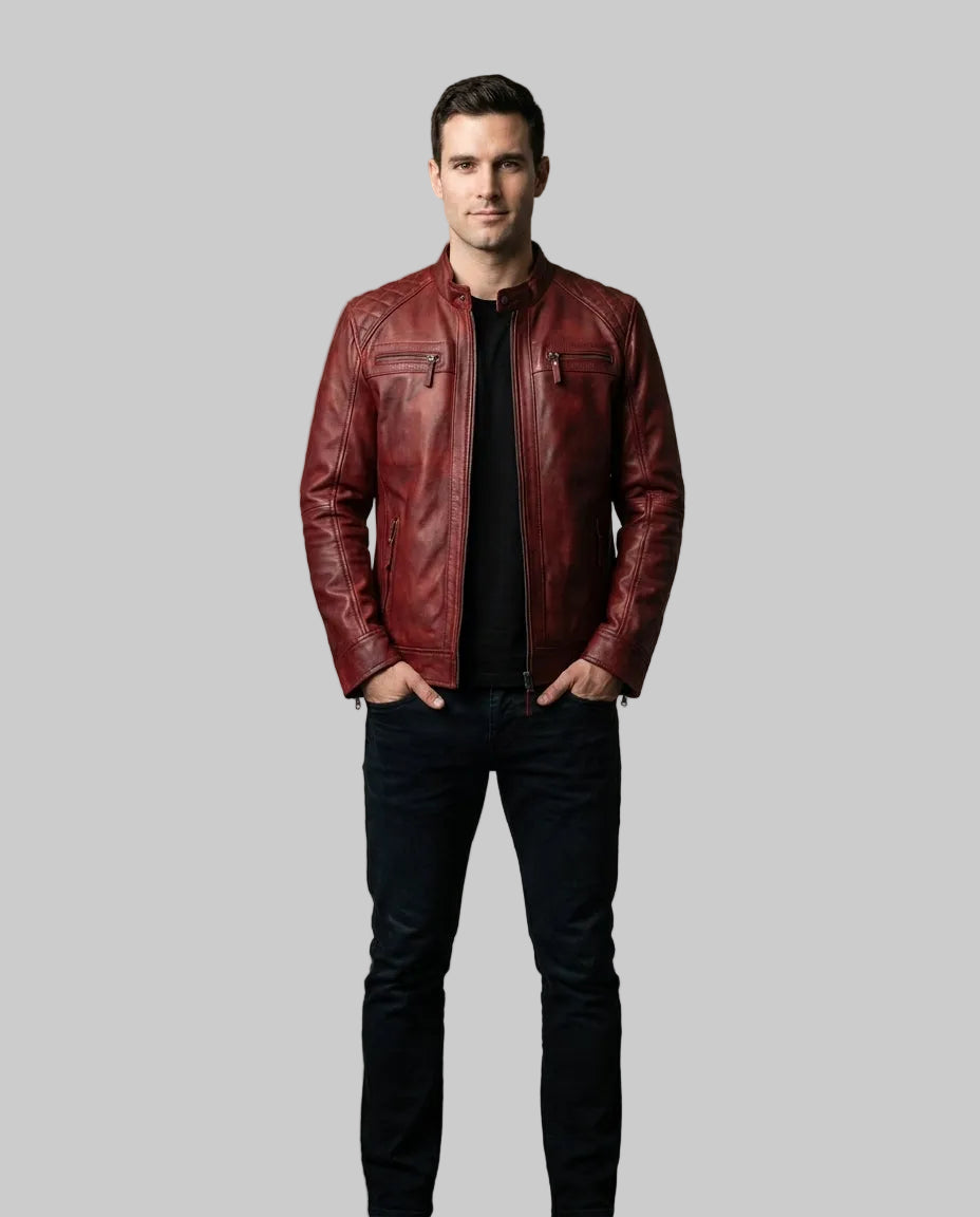 Men's Vintage Ox-Blood  Leather Biker Jacket