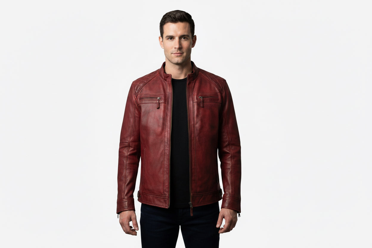Men's Vintage Ox-Blood  Leather Biker Jacket