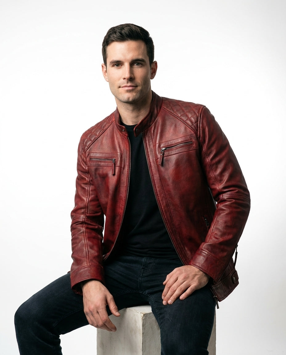 Men's Vintage Ox-Blood  Leather Biker Jacket