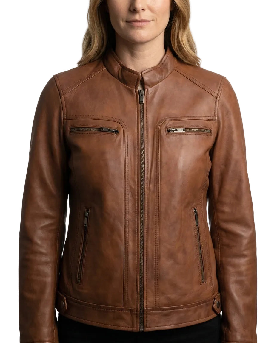 Women's Nube Classic Waxed-Brown Leather Jacket