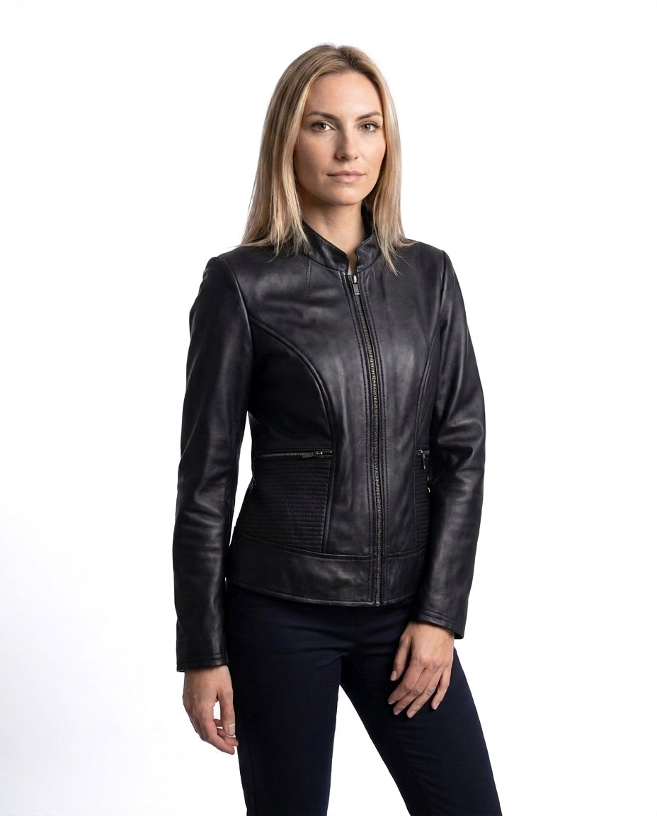 Women's Tailored Black Leather Zip Jacket