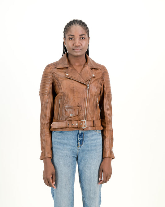 Women Sporty Biker Waxed-Brown Leather Jacket