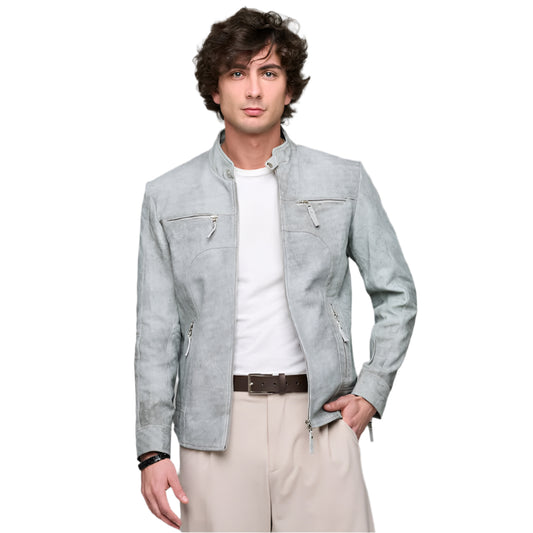 Supreme Leather Men's Classic Slim Fit Grey-Snuff Leather Jacket
