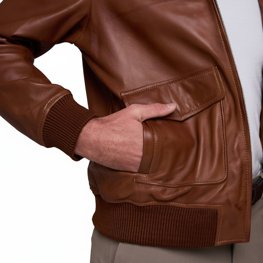 Men's Bomber Fur Waxed-Brown Leather Jacket