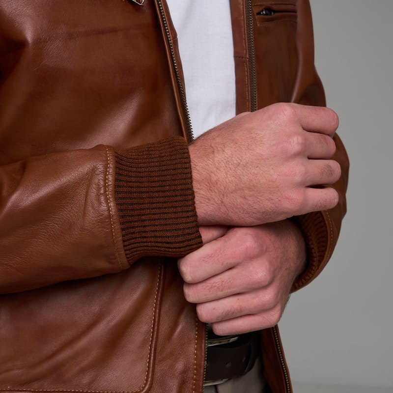 Men's Classic Bomber Plain Waxed-Brown Leather Jacket