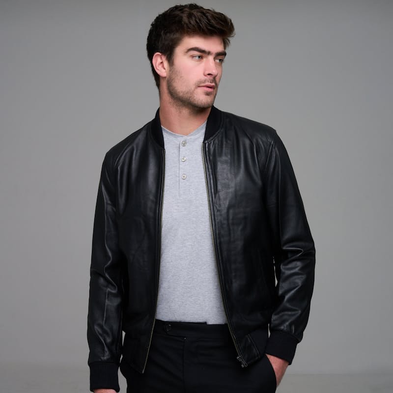 Men's Classic Bomber Plain Black Leather Jacket