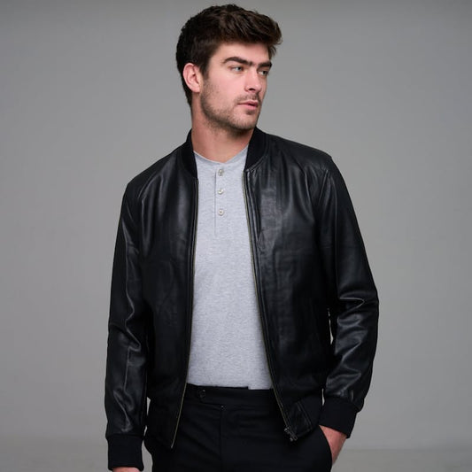 Men's Classic Bomber Plain Black Leather Jacket