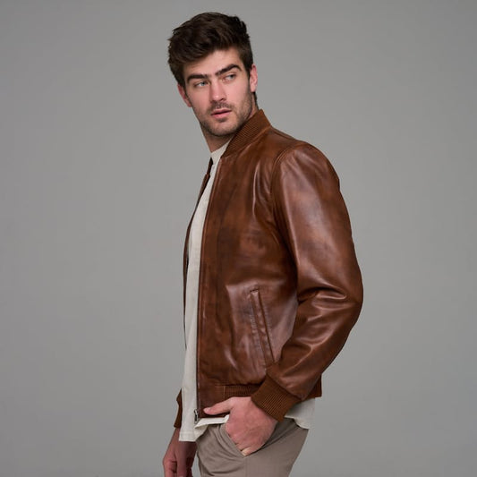 Men's Classic Bomber Plain Waxed-Brown Leather Jacket