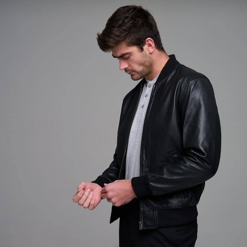 Men's Classic Bomber Plain Black Leather Jacket