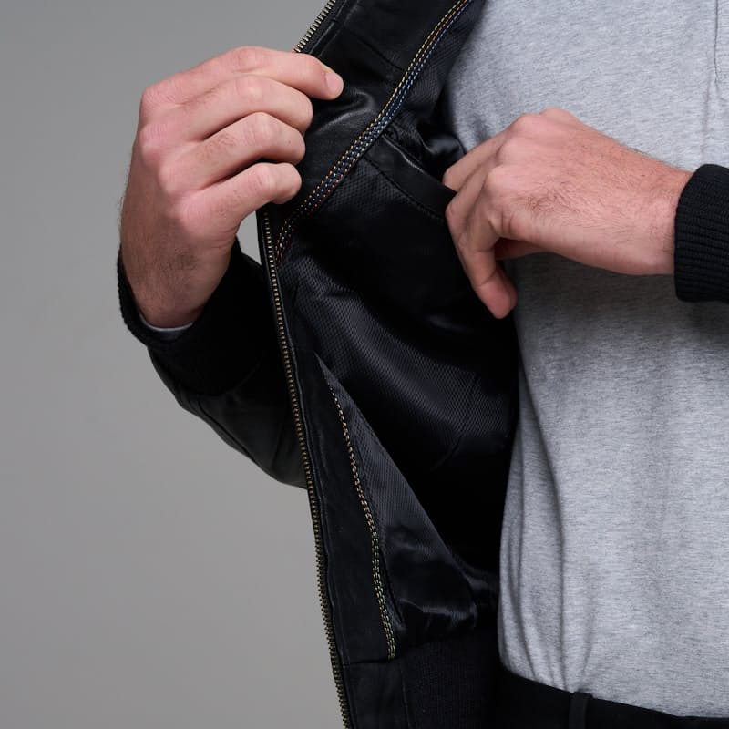 Men's Classic Bomber Plain Black Leather Jacket