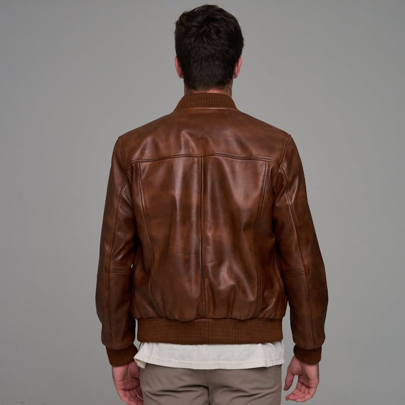 Men's Classic Bomber Plain Waxed-Brown Leather Jacket