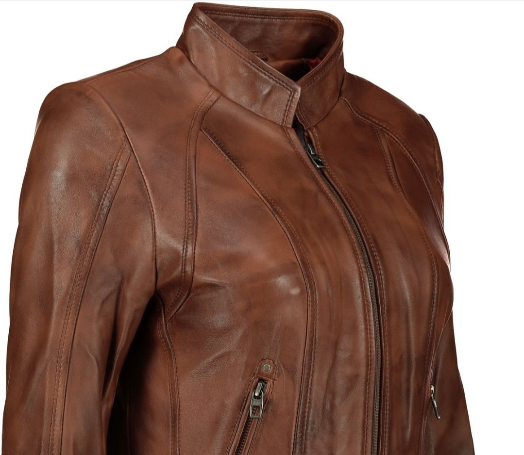 Women's Elba Waxed-Brown 100% Nappa Leather Jacket