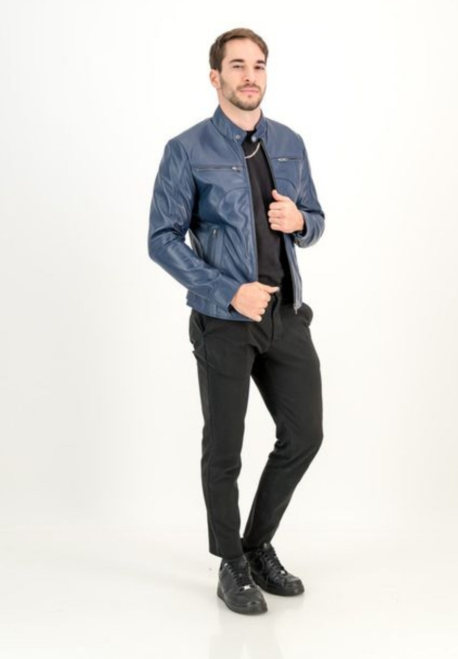 Men's Classic Slim Fit Navy Leather Jacket