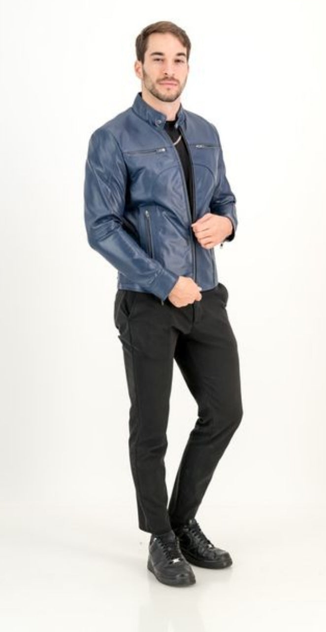 Men's Classic Slim Fit Navy Leather Jacket